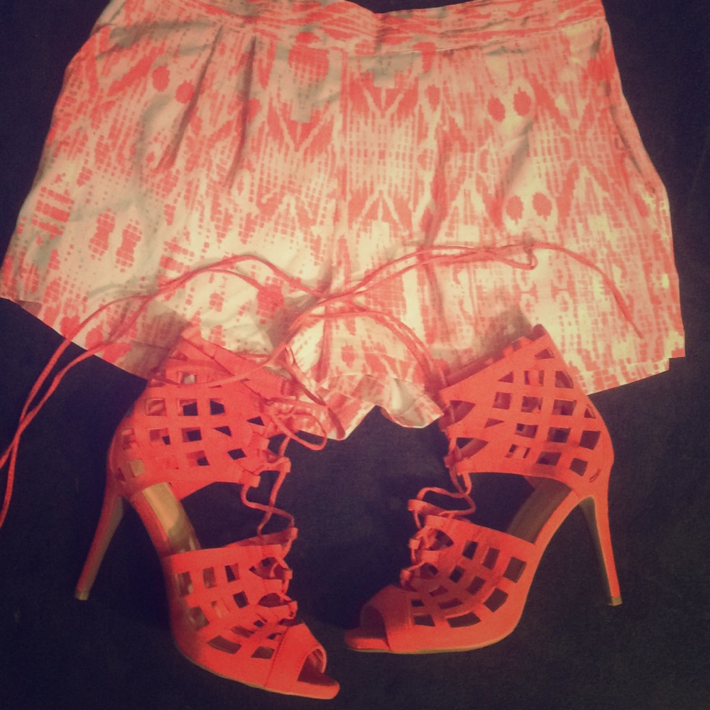 Coral Neon Orange Shorts & Heels